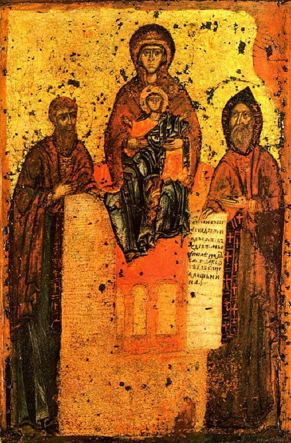 Древнейшее изображение преп. Антония и Феодосия Печерских. Свенская икона Богоматери около 1288 года. 