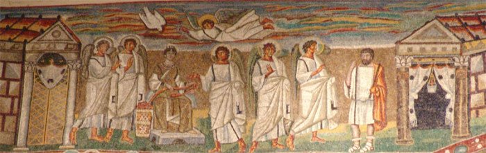 Благовещение. Мозаика триумфальной арки базилики Санта-Мария Маджоре в Риме, 432–440 гг.