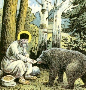 Серафим кормит медведя. Фрагмент литографии Путь в Саров, 1903