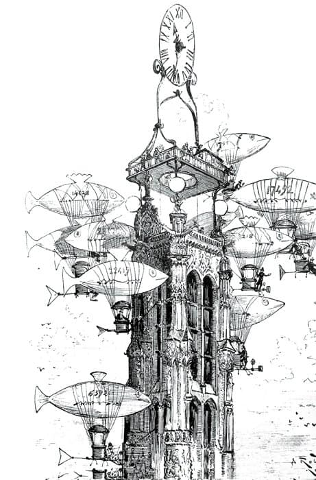 Остановка аэростатов у башни. Альбер Робида. Рисунок конца XIX в.