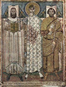 Св. Дмитирий и донаторы. Мозаика церкви св. Димитрия в Салониках. Византия, VI-VII вв.