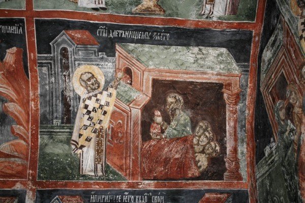 Николай Чудотворец спасает трех девиц от бедственного положения, Сербия, XIV в., Косово. Церковь святителя Николая