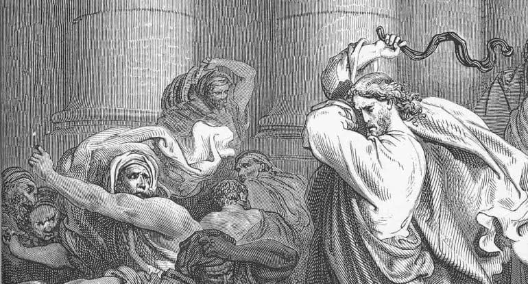 Иисус сделал бич из веревок и выгнал торгующих из храма. Какая же это любовь?