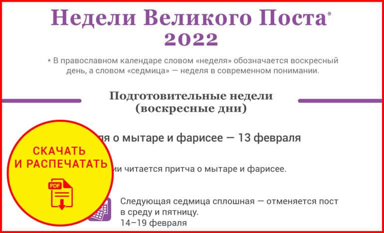 Каленадрь Великого поста 2022"